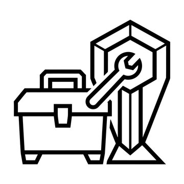 Maintenance service toolbox and technical support vector line icon with repair tools customer support service desk business solution hardware repair work equipment wrench symbol maintenance