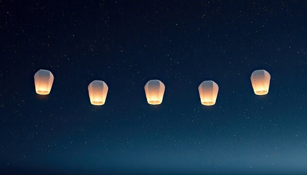Five illuminated lanterns ascend against a star-dusted night sky
