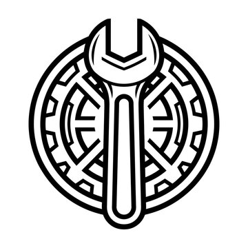 Vertical vector line art icon of a large maintenance wrench layered over a complex mechanical gear background with industrial repair technical infrastructure business support service management