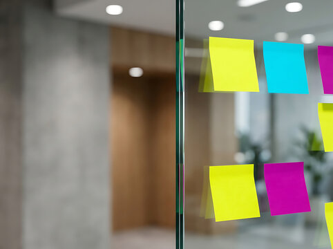 Colorful Adhesive Notes Attached to Transparent Glass Office Partition for Collaborative Project Planning and Creative Brainstorming Sessions