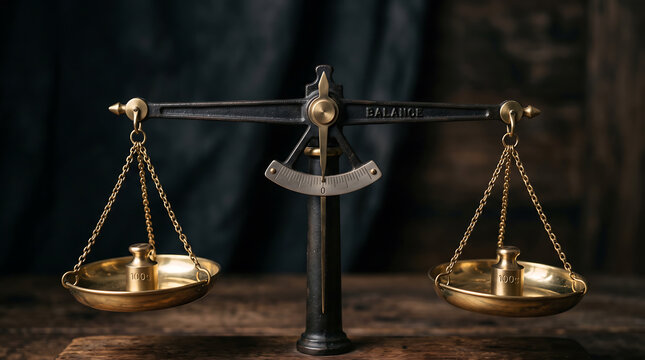 Antique Brass Balance Scale with Weights on Wooden Table Symbolizing Justice and Law
