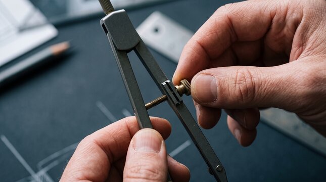 Close up of hands using a drafting compass on a blueprint with pencil and ruler in background