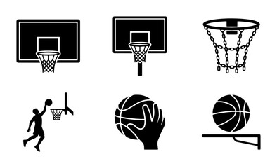 Basketball Icons Set: Hoops, Player Dunking, Ball, Net, Sports Equipment Vector Graphics © Samanta