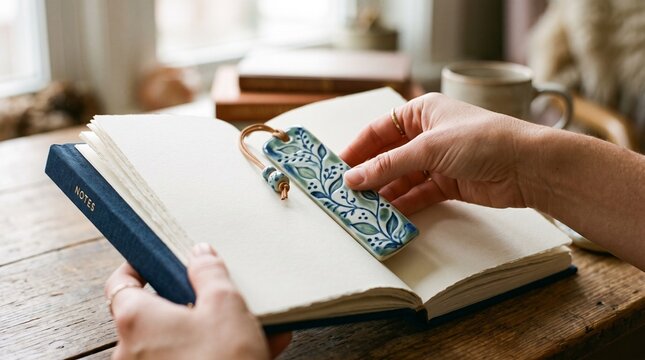 Close up of hands holding a decorative ceramic bookmark with blue and green floral pattern over an open notebook