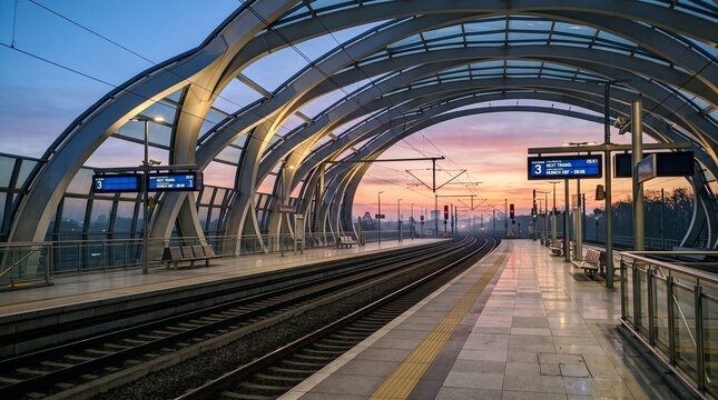 Modern Train Station Platform at Sunrise with Futuristic Architecture and Digital Displays
