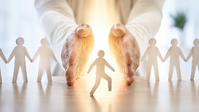 hands protecting single paper person separated from a group of paper people