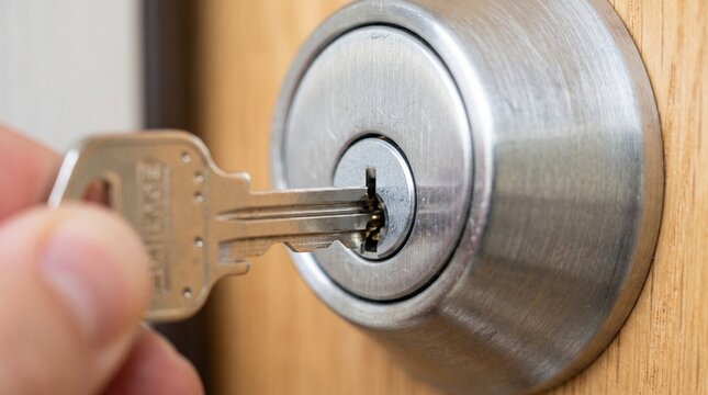 Close up of a silver key being inserted into a metal deadbolt lock on a wooden door