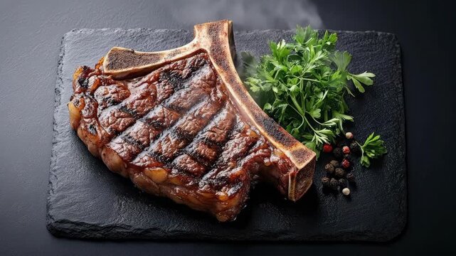 Grilled t-bone steak on slate with fresh parsley and assorted peppercorns
