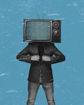  Art collage, computer ot tv monitor screen on man as had, artificial intelligence.