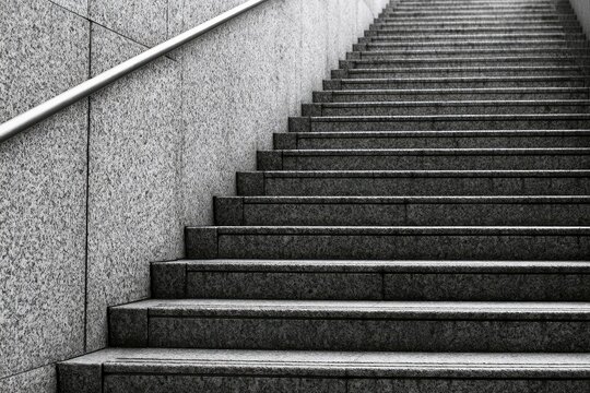Ascending concrete stairs with a silver handrail, leading upwards