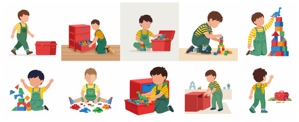 Fototapeta premium Flat vector illustration set of a young boy playing with colorful building blocks and organizing toys in a playroom.