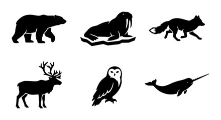 Obraz premium Arctic Animals Silhouettes: Polar Bear, Walrus, Fox, Reindeer, Owl, Narwhal Vector Icons Set