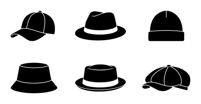 Six Black Silhouette Hats Collection: Baseball Cap, Fedora, Beanie, Bucket Hat, Trilby, Flat Cap Icons