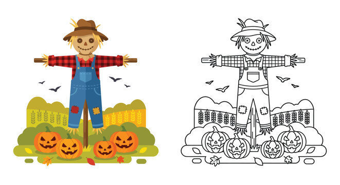 Scarecrow standing amongst pumpkins is a colorful vector illustration