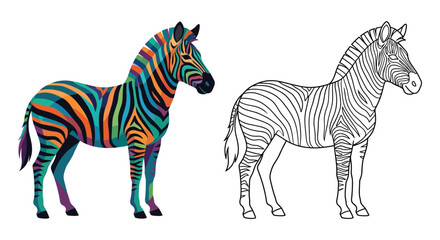 Fototapeta premium Colorful zebra illustration and its line art version on a white background