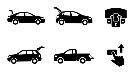Fototapeta premium Car Trunk Icons, Automotive Boot Symbols, Vehicle Storage Access, Set of 6 Vector Graphics