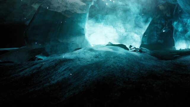 A stunning ice cave showcases gleaming blue light filtering through the frozen walls. The rocky ground sparkles with tiny ice crystals, creating a magical atmosphere in this enchanting place.