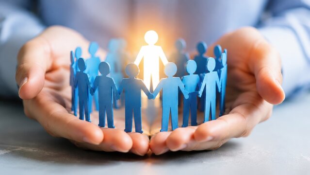 Hands hold a circle of blue paper people with one bright glowing white figure standing in the center on a light background, showing a group gathered together around a highlighted person