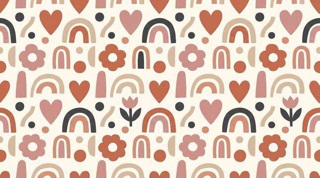 Boho style seamless pattern with abstract rainbows, hearts, flowers, and geometric shapes in earth d