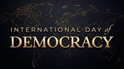 Obraz premium International day of democracy text in gold letters over a dark outline map of the world background with lettering