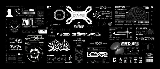 Fototapeta na wymiar Futuristic techwear graphic set with HUD, cyberpunk elements, sci-fi labels, tags, streetwear badges, technical labels. Y2K techno UI, HUD elements with lettering, digital typeface. Vector set
