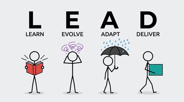 Stick figures illustrating the acronym lead with learning evolving adapting with icons representing learning