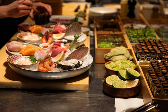 Fresh seafood platter with vibrant ingredients and garnishes on display