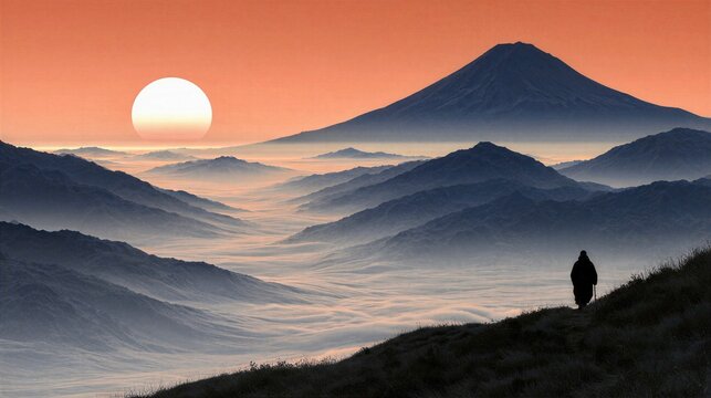 Lone traveler walking a misty mountain path toward a distant peak at sunrise illustration