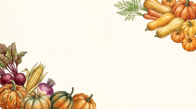 Colorful autumn harvest vegetable border with pumpkins squash beets corn and carrots hand drawn illustration