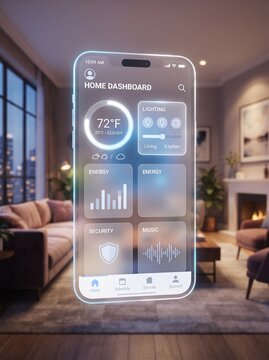 Smart home dashboard app on futuristic glass phone, digital interface for automation control, glowing mobile UI in modern living room