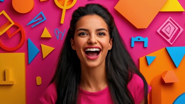 Excited young hispanic woman with colorful geometric shapes on pink background
