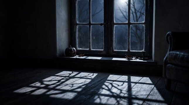 Moonlight Shining Through Wooden Window Creating Shadows in Dark Room