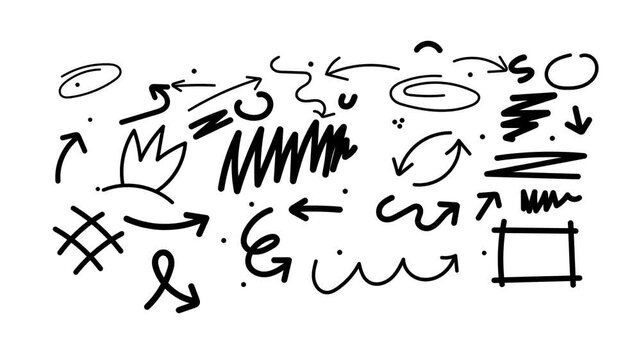 Hand drawn doodle arrows and marker sketches in motion for creative design video overlay elements pack