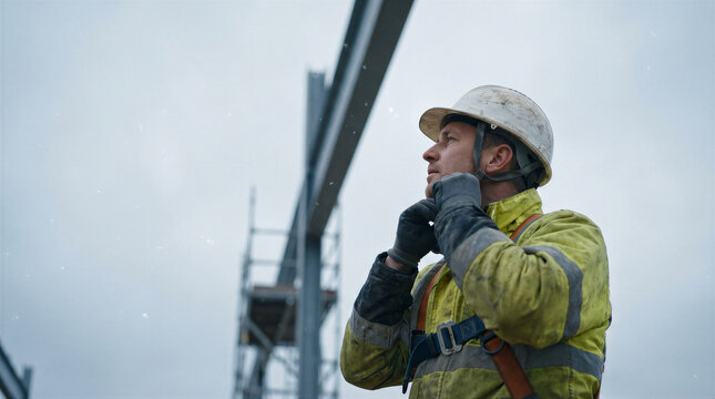 Construction worker adjusting his safety helmet while standing on a building site during a snowy day