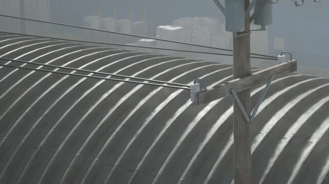 A telephone pole stands tall next to a curved roof under gentle light. Soft shadows from cables stretch across the surface, creating a serene and visually captivating moment.