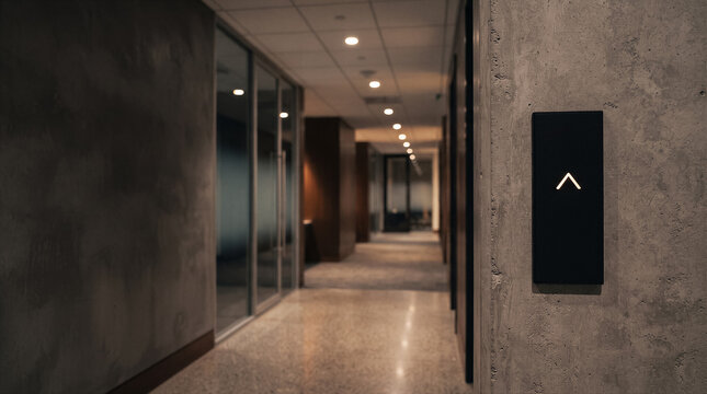 Modern office hallway with a minimalist elevator call button on a concrete wall