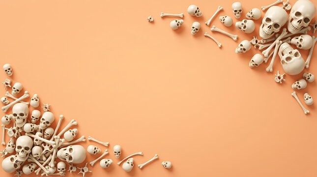 Many small human skulls and bones arranged in corners on a solid light orange background for a spooky halloween or death themed design concept