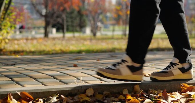 Person walking on sidewalk covered with autumn leaves. Sunlight creates warm atmosphere. Footsteps echo in peaceful park setting. Nature inspires relaxation and mindfulness.