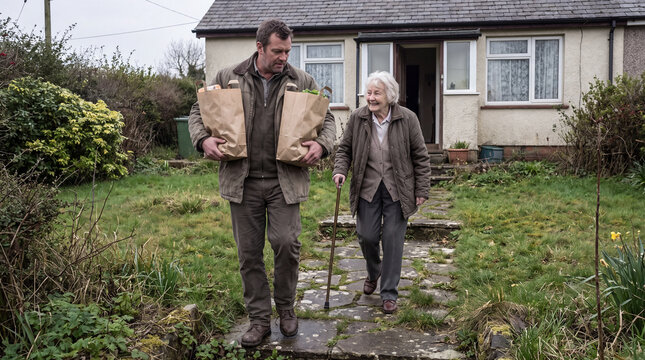 Caring neighbor helping senior woman carry groceries home from town market