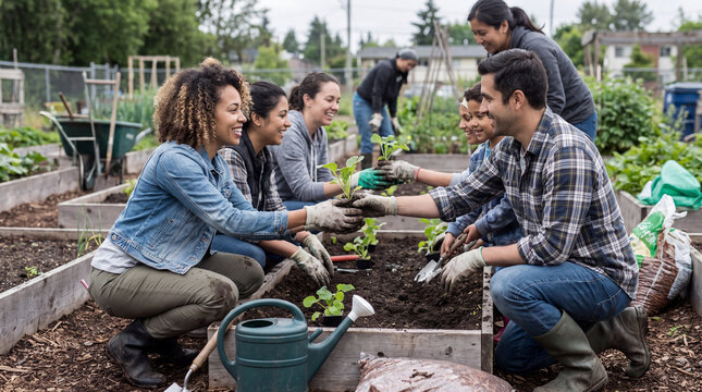 Diverse community garden volunteers passing seedling plant hand in hand together