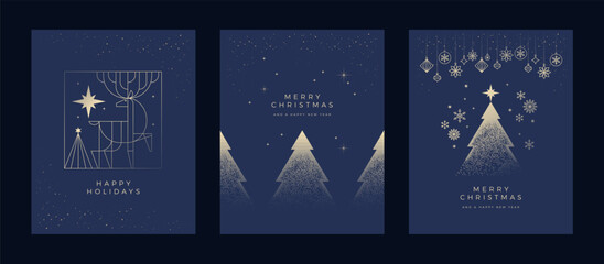 Luxury Christmas card template set with gold Christmas tree, star, reindeer, ornaments, and snowflakes on dark blue background. Elegant minimal holiday design for corporate seasonal greetings - vector