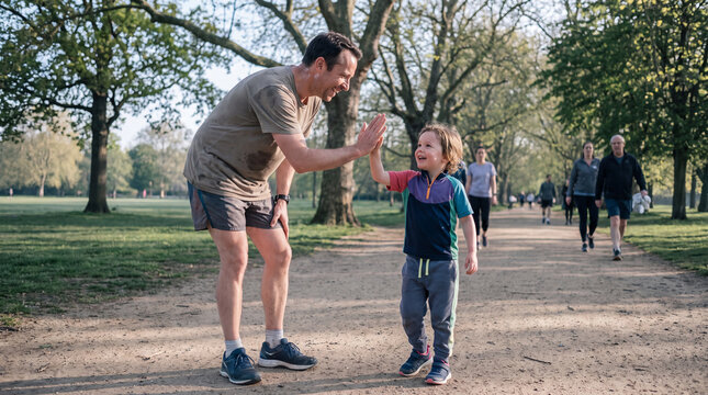 Father giving son joyful high five while jogging together on park path
