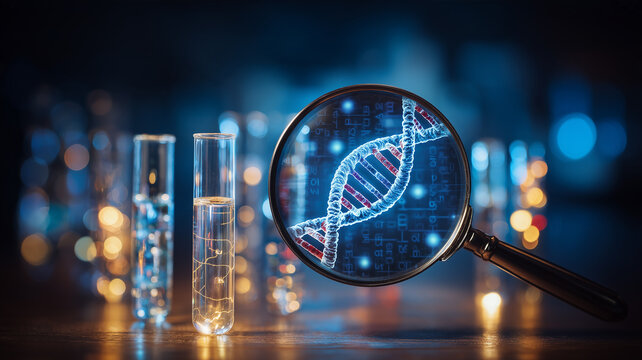 A magnifying glass focused on a DNA strand beside test tubes represents genetic research and advanced biotechnology analysis.
