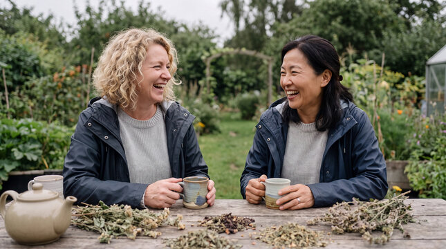 Two women laughing over herbal tea and dried herbs in community garden together