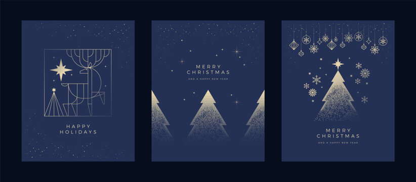 Luxury Christmas card template set with gold Christmas tree, star, reindeer, ornaments, and snowflakes on dark blue background. Elegant minimal holiday design for corporate seasonal greetings - vector
