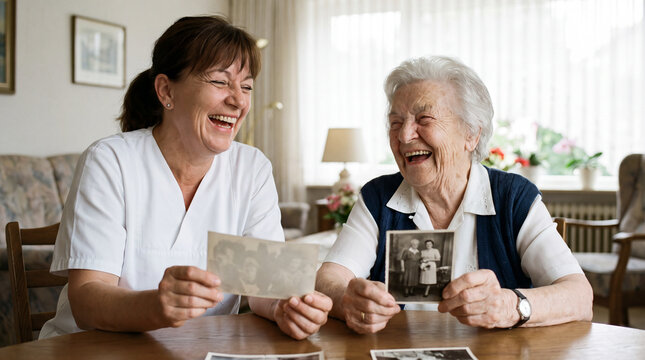 Caregiver and elderly woman laughing over cherished family photographs together