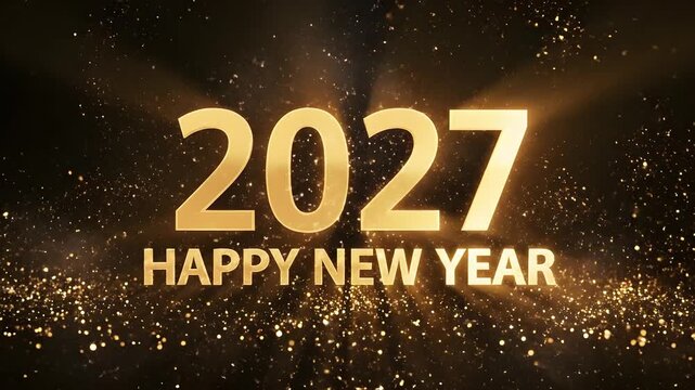 2027 HAPPY NEW YEAR text revealing from a bright gold firework burst with glowing sparkles, for holiday event videos