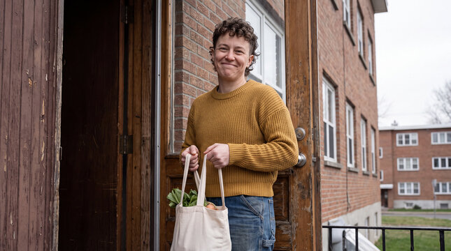Smiling woman carrying tote bag of fresh vegetables from doorway market delivery