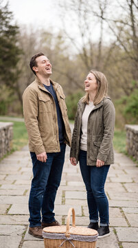 Laughing couple holding picnic basket together on scenic park stone path
