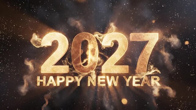 2027 HAPPY NEW YEAR text revealed through a fiery golden smoke blast with glowing sparks and light rays, for holiday party displays